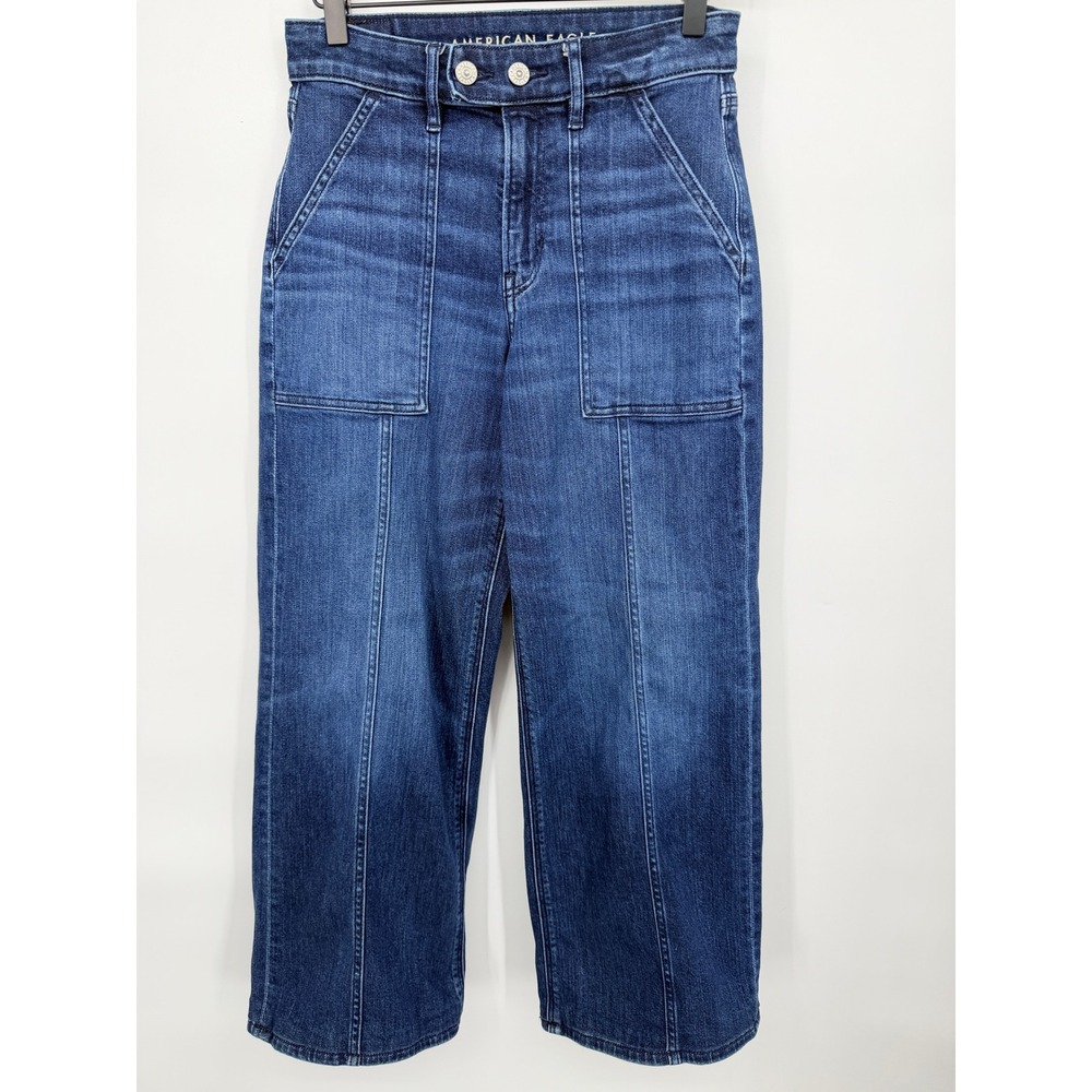 American Eagle Wide Leg Jeans Womens 2 Blue Excellent High Rise Stretch Utility